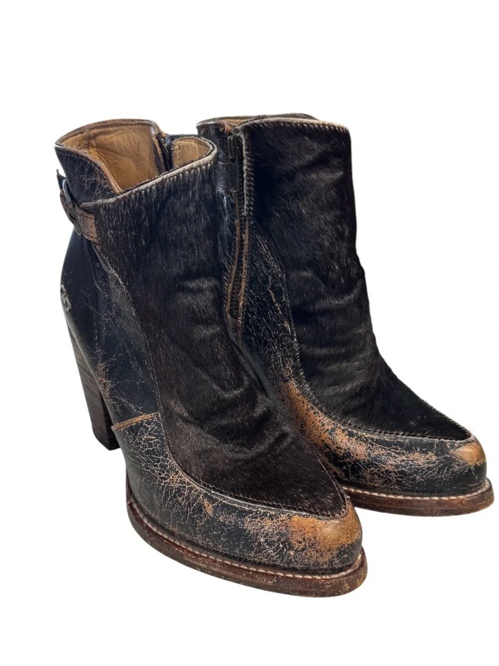 Bed-Stu Isla Women’s Brown Calf Hair Distressed Leather Ankle Boots Size 8.5